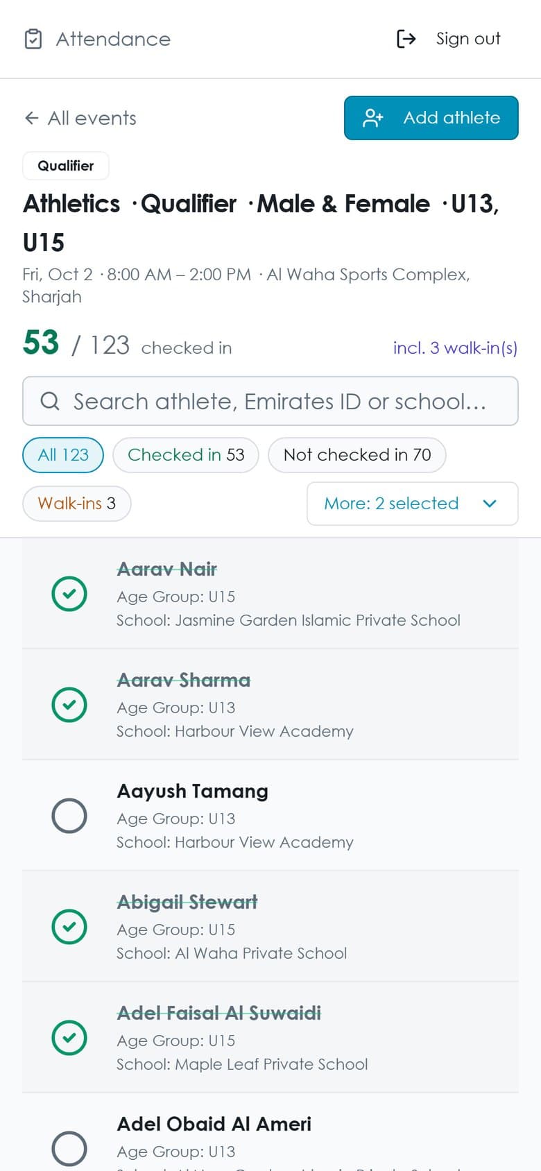 Marshal check-in roster on a phone